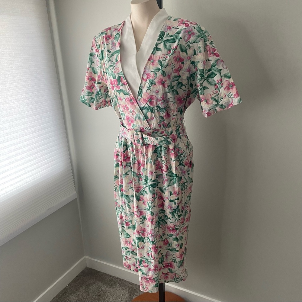 80s Vintage Enge Collection Foral Secretary Wrap Dress Modi Belted Grandma - Picture 8 of 13
